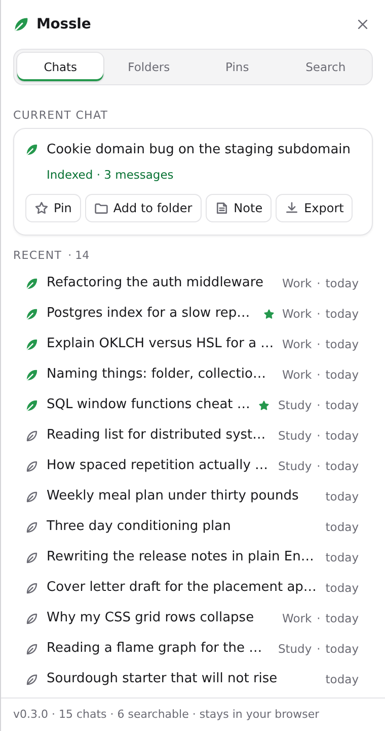 The Mossle panel, open on the Chats tab: a card for the chat you are in with Pin, Add to folder, Note and Export, then a list of recent chats showing their folder and when each was last seen.